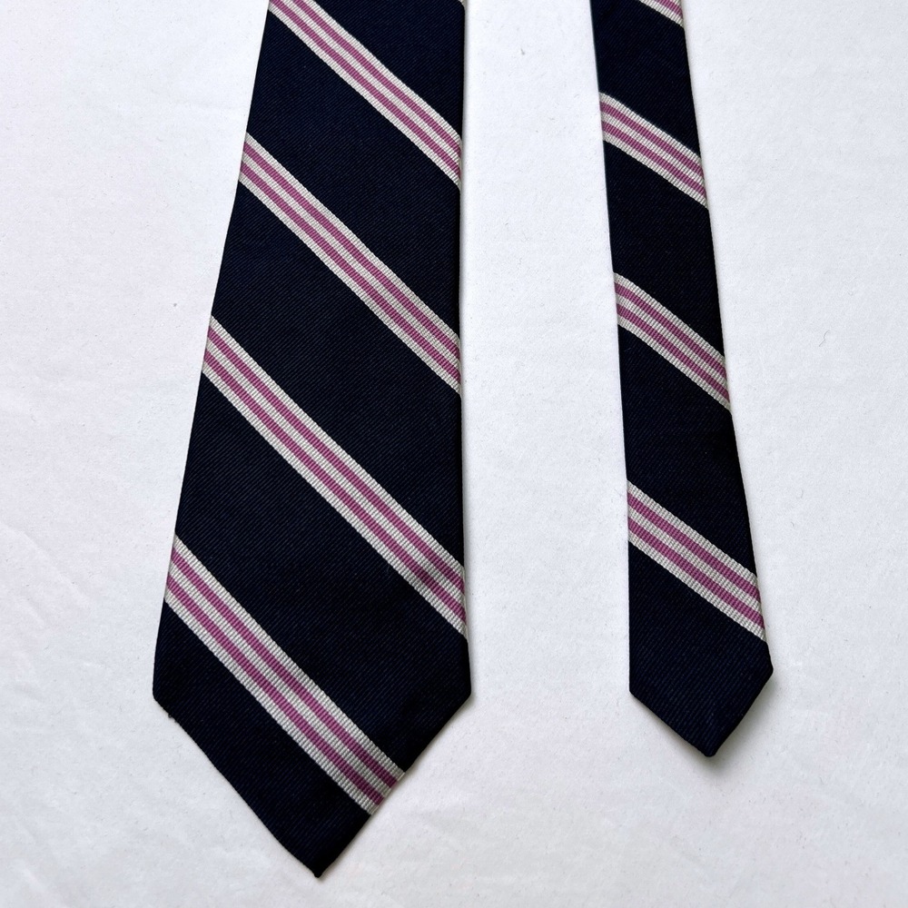 Jos A Bank Vintage Mens Striped Silk Necktie Navy Blue Pink White Preppy Office
